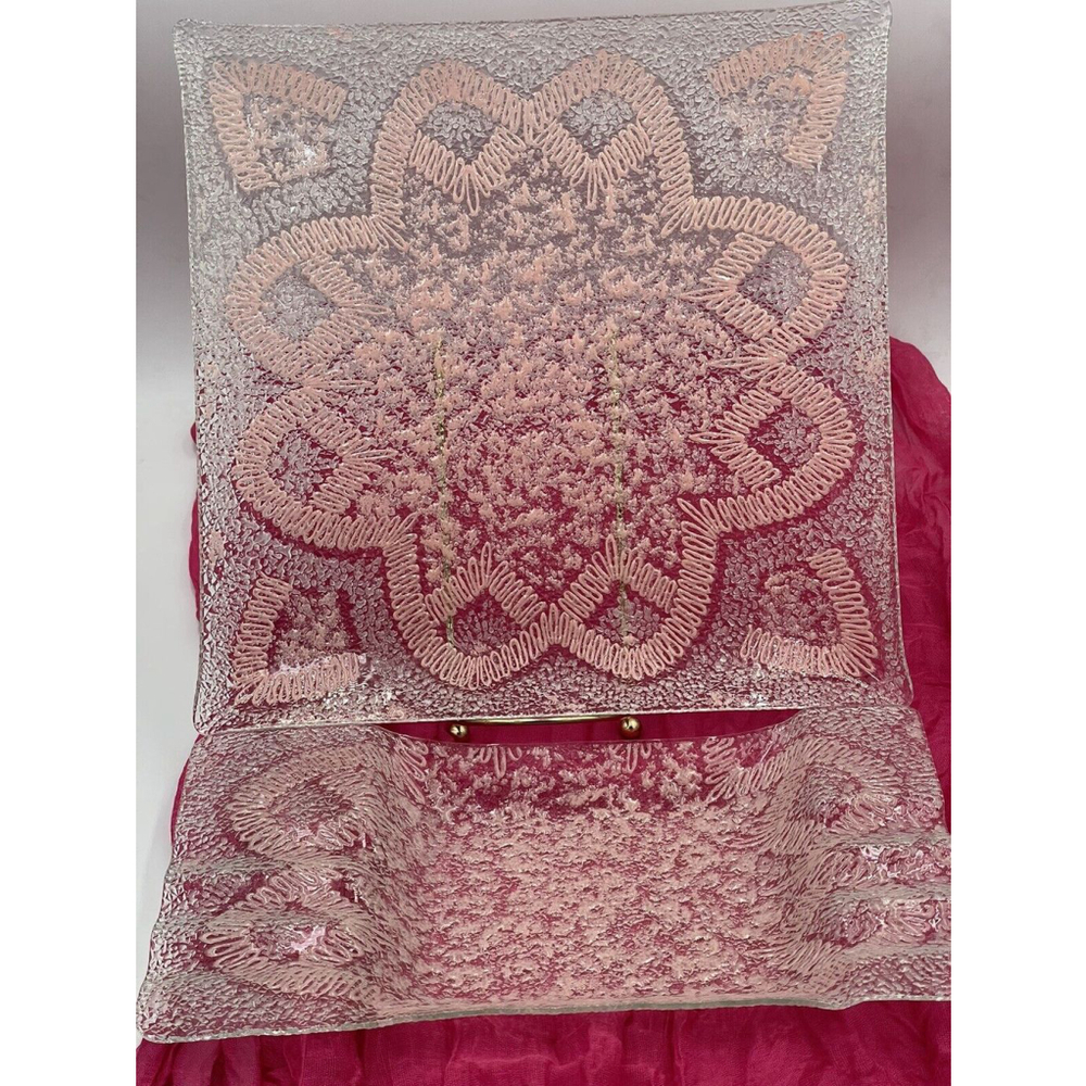 2 Piece Clear Glass Pink Textured Embossed Decorative Plates Trays
